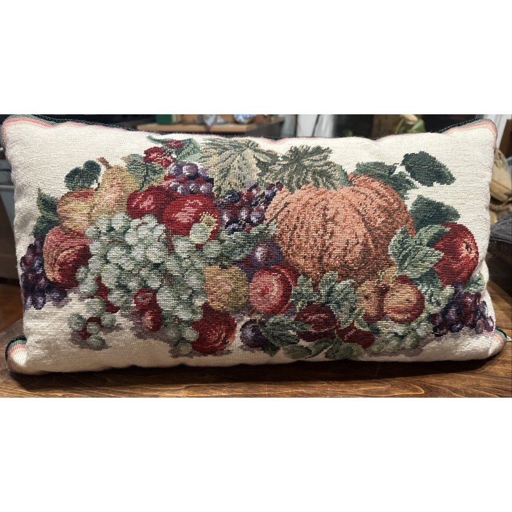 Vtg Steinwinder Needlepoint Harvest Pillow 12x22 Pumpkin Grapes Velvet Back Fall